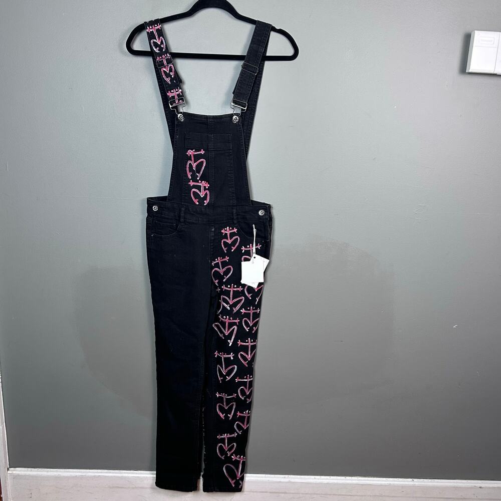 Dollhouse‎ Overalls Denim Size 5 Black hand painted hearts hippie whimsigoth y2k